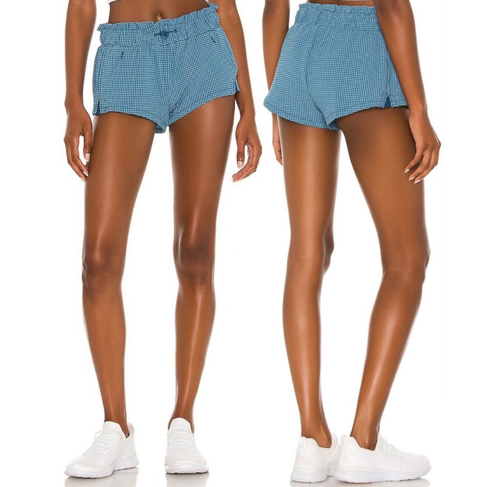 Free People FP Movement Forty Love Shorts Blue Teal Plaid Pattern Pockets Medium